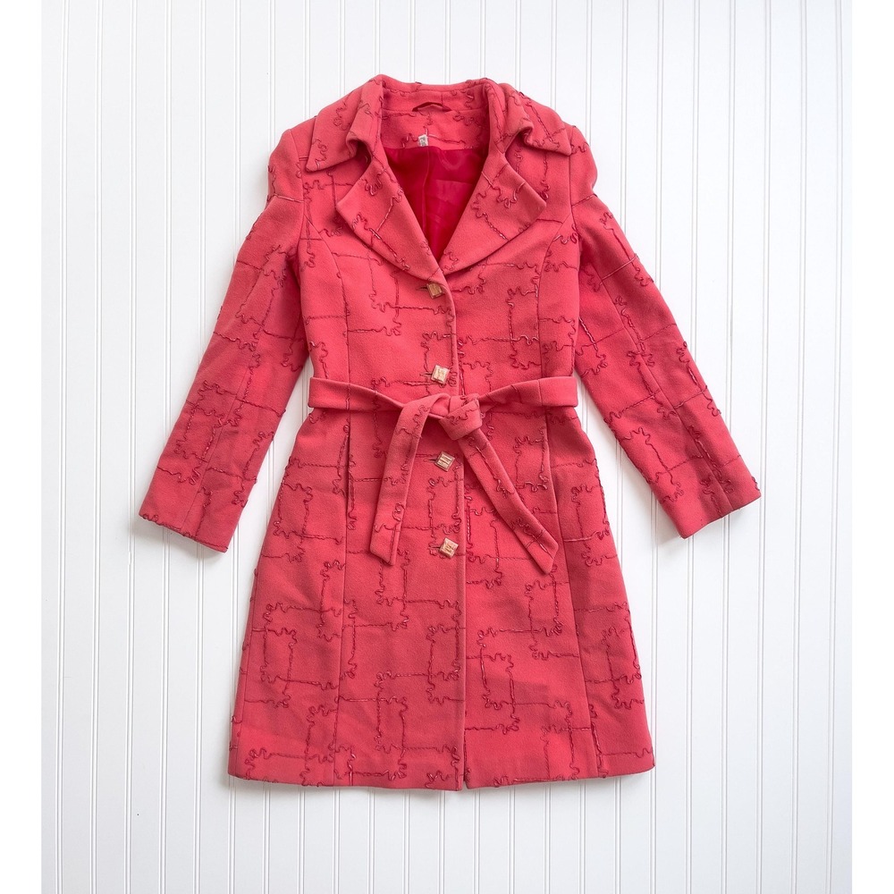 vtg Milena coral pink embroidered belted‎ wool coat 1970s